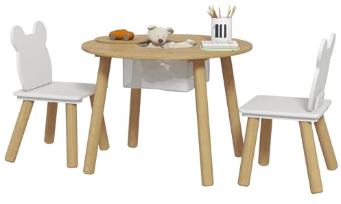 AIYAPLAY 3 Pieces Toddler Table and Chair Set with Centre Mesh Bag, Kids Activity Table Set with Bear-Shaped Backrest, for Arts and Crafts, Reading, Dining, Ages 3-6 Years, Natural