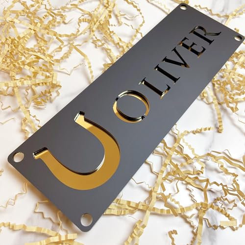 Placa personalizada de acrílico moderno para números de casa, diseño 3D en Negro y Oro con corte láser, señalización exterior con nombre de calle y número cívico para hogar o finca Pony (Modelo 1)