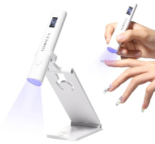 TOMICCA Lampada UV per unghie in gel ricaricabile, mini lampada UV portatile con supporto e display, sicura per le unghie, piccolo asciugatore LED per smalto gel e tip, bianco
