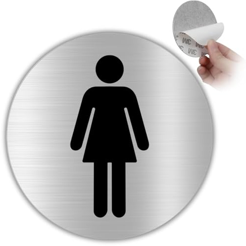 LEIASA | Señal adhesiva WC mujer - Grosor 0,8 mm - Diámetro Ø 100 mm - Aluminio - Señal para baños - Señal para servicios higiénicos - Símbolo baño - Cartel adhesivo WC (baño mujer)