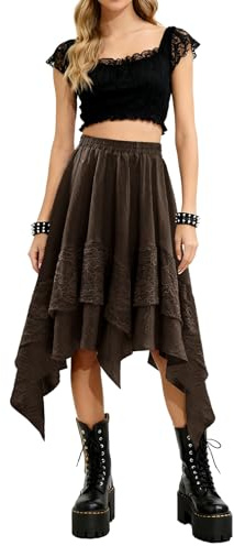 Bridesmay Renaissance Lace Tiered Asymmetrical Skirt for Fairy Costume Y2k Midi Gothic Skirts Brown XXL