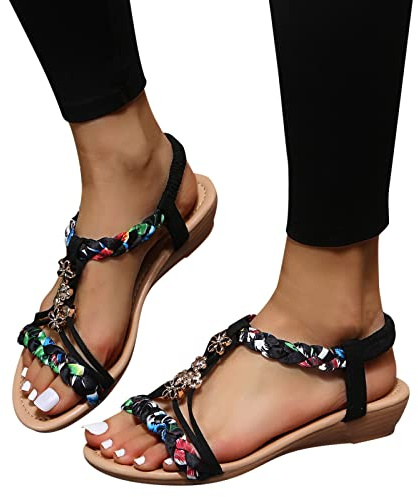 Sandali da donna, comodi, eleganti, piatti, con elastico, stile bohémien, casual, da spiaggia, piatti, suole morbide, belli e confortevoli, separatori per dita in stile retrò, 35-40