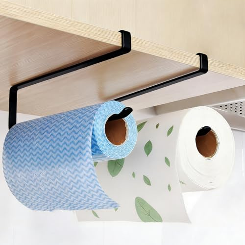 2 Piezas Portarrollos de Cocina para Instalación Debajo del Armario, Portarollos Cocina Sin Taladrar Soporte para Rollos de Papel, Negro