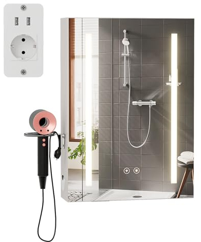 Ztexkee Armoire Salle de Bain avec Miroir Suspendu Armoire Miroir avec Prise Éclairage Antibuée 2 Étagère Réglable et Support Sèche-Cheveux (60x15x80cm)