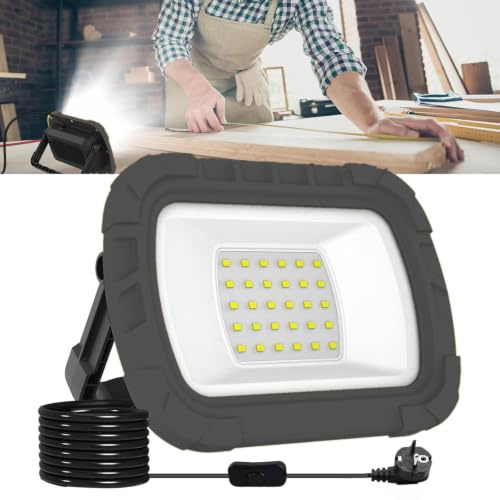 CORESLUX LED Baustrahler, 30W 1000LM Arbeitsleuchte mit Haken, 1.8M Kabel | Tragbar LED Strahler mit Steckdose, Stativgewinde, 6500K Kaltweiß, Bauscheinwerfe für Garage,Werkstatt, Baustelle, Keller