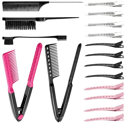 Straightening Comb, 17-Piece Hair Straightening Comb Kit with Hair Clips, 2-in-1 V-Shape Straightening Brush & Comb Set, Professional Detangling Tool for Daily Hair Care(23.4 × 3.5 × 2.5CM)