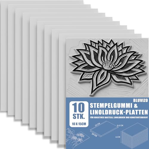 10 Stück Linolplatten Schnitzblöcke Stempelgummi: 15 x 10 x 0,6 cm Linoleum Platten, weiche Gummistempel für DIY Linoldruck, Linolschnitt & Linocut für Anfänger und Profis Bastelprojekte (Grau)
