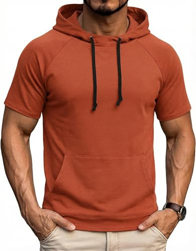 COOFANDY Kortärmad hoodie för herrar, gym, Pump Cover, sport, kapuschontröja, andningsbar bomullsblandning, sweatshirt med känguruficka, röd, L