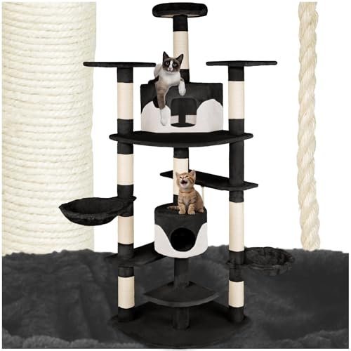 tectake® Multi-Level Cat Tree with Sisal Scratching Posts, Soft Plush Fabric, 2 Cosy Houses, 3 Perches, 2 Hanging Beds & Toy Rope - 204 cm Cat Tower with Anti-Tip Protection - Black/White