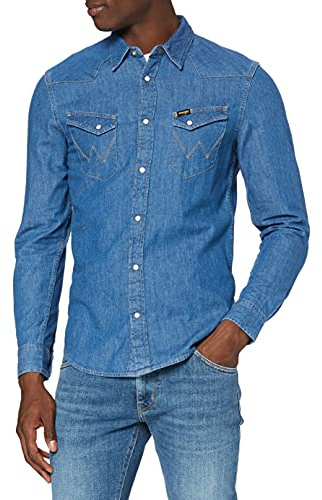 Wrangler Uomo Ls Western Denim Shirt Straight, Blu (Mid Stone), XL