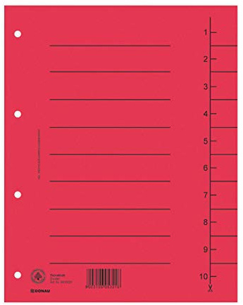 DONAU 8610001-04 100er Pack Trennblätter, Farbe: Rot/ Karton-Register überbreit Aus Recycling-Karton 250 g/qm mit Linienaufdruck für DIN A4 4-Fach Lochung Trennlaschen Trennblätter Ordner Register