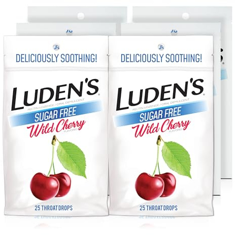 Luden's Sore Throat Relief Lozenges for Minor Everyday Irritation & Dry Mouth, Sugar Free Wild Cherry Flavored Drops, 25 Count, Pack of 6