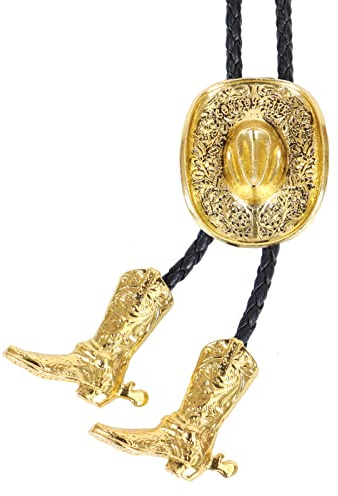 Cravatta da uomo western, cappello da cowboy 3D, design con stivali da cowboy vintage, Cappello da cowboy oro, L