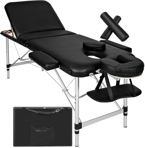 tectake® Lettino Massaggio Portatile, 3 Zone, in Alluminio, Gommapiuma, Rivestimento in Pelle Sintetica PVC, Regolabile - lettino fisioterapia, Lettino pieghevole, Lettino Estetista, 210x95cm - nero