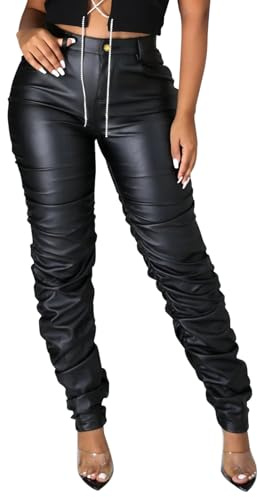 hibshaby Sexy Club Women's High Waist Leather Stacked Pants, Pleather Faux Leather Pants Bodycon Ruched Legging Black M
