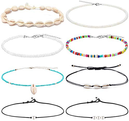FUNEIA 8 Stück Choker Kette Damen Natürliche Muschelkette Bunte Perlen Choker Halskette Set Verstellbare Böhmische Puka Halsreif Handgefertigte Hawaii Perlen Sommer Strand Schmuck