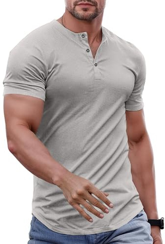 JMIERR Men's Muscle Slim Fit Button Henley Shirts Summer Crewneck Short Sleeve Longline Fitted T-Shirt Gym Workout Athletic Tees Shirt for Men, M, Grey