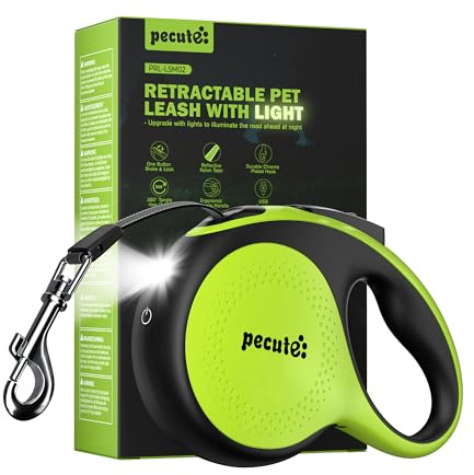 Retractable Dog Leash with Light, 16.4 ft Retractable Pet Leash with Anti-Slip Soft Grip, 360° Tangle-Free, One-Button Control, Reflective Leashes for Small Medium Dog Up to 66 lbs