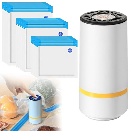 Vegena Envasadora al vacío con 15 bolsas de vacío, máquina de envasado al vacío, mini bomba de vacío de mano, máquina de soldadura eléctrica, reutilizable, recargable para almacenamiento de alimentos