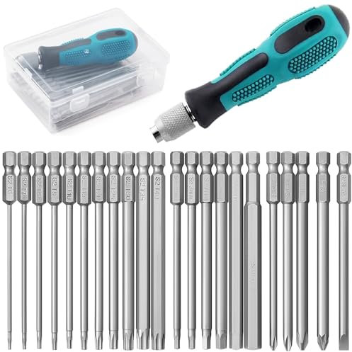 YUHIAKE Juego de 22 puntas largas con soporte magnético de mano de 1/4 pulgadas, juego de destornilladores, Torx T6-T40, hexagonal H2,5-H8, PH1, PH2, PZ2, ranura, longitud 100 mm