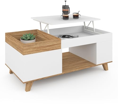 IDMarket – Mesa baja rectangular con bandeja elevable y bandeja extraíble con baúl Lola Madera y Blanco