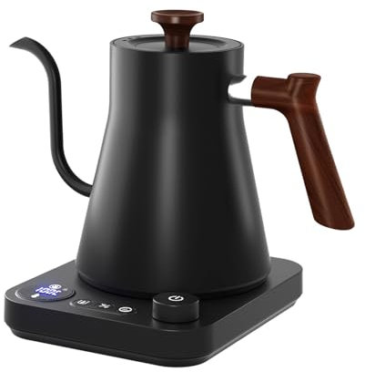 Schwanenhals Wasserkocher Temperatureinstellung, Elektrischer Schwanenhals Wasserkocher Edelstahl Kitchen Aid Wasserkocher für Kaffee und Tee - 0.9L 1200W, Warmhaltefunktion Temperaturanzeige Schwarz
