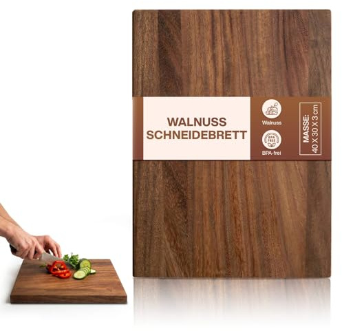 Premium skärbräda av valnöt massiv – 40 x 30 x 3 cm högkvalitativ köksbräda av äkta trä – stor träskärbräda med stativ – hackblock grillbräda