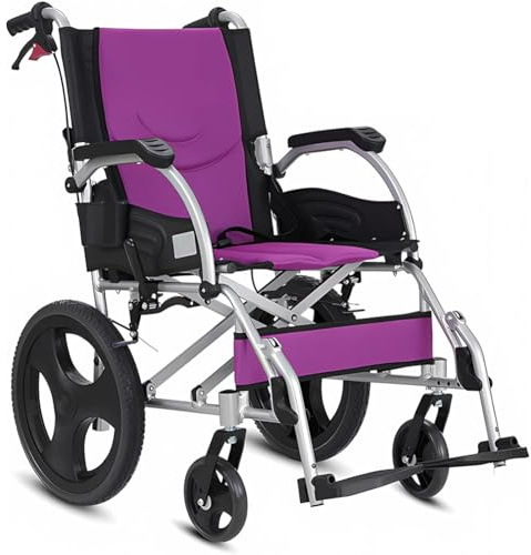 ERSINIAN Silla de Ruedas Ultraligera Plegable Ligera para Transporte, sillas de Ruedas de Aluminio para Personas Mayores, Silla de Ruedas de Viaje con Freno de Tambor, Ancho del Asiento 46 cm Morado