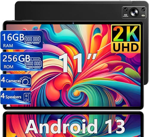 Dghrti Tablet 11 Pulgadas 16GB RAM+256GB ROM(1TB TF), 2K Pantalla 2000 * 1200 UHD, Android 13, WiFi 5G, BT 5.0, 8 Cores, 4 Altavoces, 8600mAh, 20MP+8MP, Cuerpo Metálico, con Funda, Negro