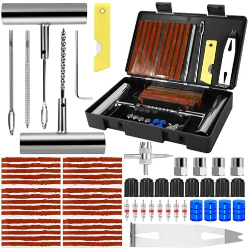 CIANBIFN Kit Riparazione Pneumatici Auto 64pcs, Kit Riparazione Pneumatici Moto Ripara Gomme Auto Kit Riparazione Gomme Moto Kit Foratura Auto per Auto, Moto, Camion, SUV, ATV, Trattori, Camper, Nero