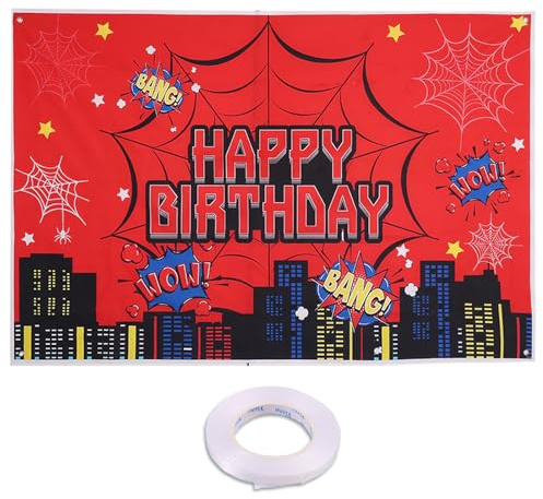 SAVITA Toile D’araignée Décor Fête Fond, 1,5x1m Toile D’araignée Rouge Bannière Fond Happy Birthday Fournitures de Décoration pour Les Garçons Fête D’Anniversaire et Photographie