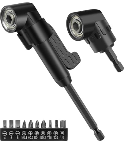 BuxiuGK 12 Pièces 105 Degrés Adaptateur de Tournevis D'angle Kit,Renvoi D'Angle Visseuse 1/4 Embout avec 10 Forets pour Percer des Trous Dans des Espaces Restreints,Long + Court