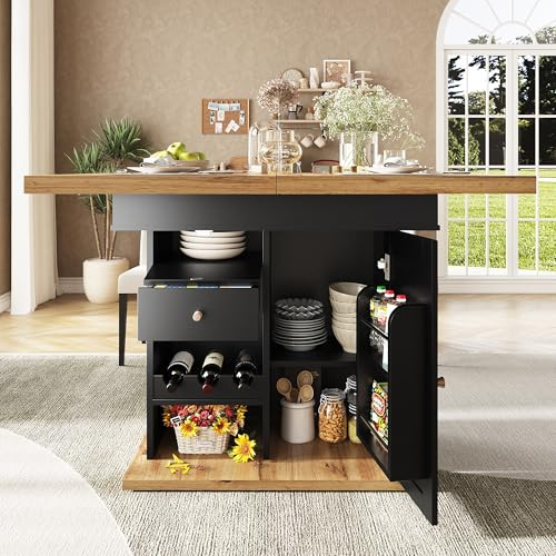 LANTRO JS Kitchen Table, Space Saving Kitchen Extendable Dining Table with Snack Shelf, Wine Rack, Drawer and Cabinet, Telescopic Dining Table for 4-6 people, 110-140x80cm