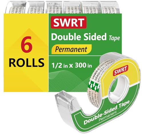 SWRT Double Sided Tape for Crafts, 6 Pack with Dispenser, 1/2 in x 300 Inches, Double Stick Tape for Gift Wrapping, Double Sided Tape Office & School Supplies