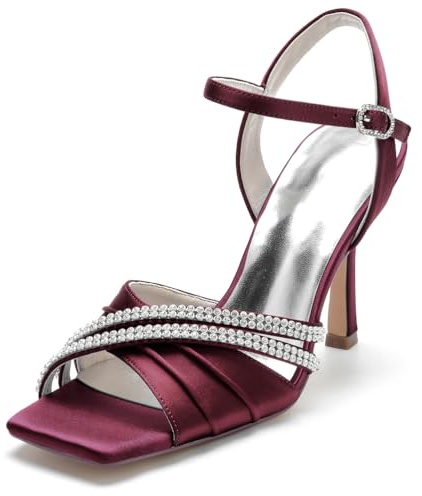 Gycdwjh Été Chaussures De Mariée Blanches Peep Toe Strass en Plis Satin 9.5cm Haut Talons Pompes Bout Carré Lacets Slingback Sandales pour Bal de Fin d'année, Soirée,Burgundy,43 EU