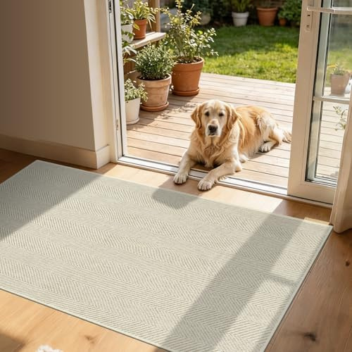 AOOWU Alfombra Atrapapolvo, 81 x 122 CM Alfombra Antideslizante Lavable en Lavadora, 2.1 MM Ultradelgado Alfombra Entrada Interior, Felpudo Entrada Casa para Perro, Entrada, Puerta y Pasillo, Beige