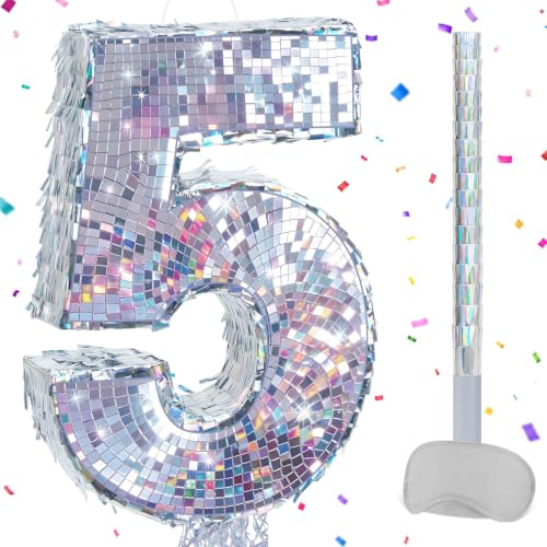 WERNNSAI Disco Number 5 Pinata Silver Fifth Birthday Party Decorations | Shiny 5th Birthday Decor Disco Pinata with Stick and Blindfold Supports Hit or Pull Two Ways to Play Hold 3lbs Pinata Fillers