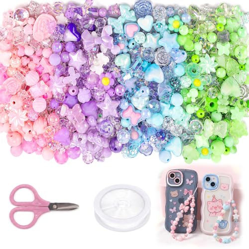 FDHBDF 160 g de cuentas acrílicas coloridas de 4 colores, colgante de pulsera Kawaii, cuentas para manualidades con tijeras y cuerda, perlas de joyería para pulsera, collar y llavero