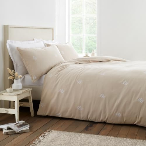 Bianca Brushed Embroidery Leaf Cotton Double Duvet Cover Set Natural