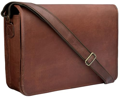 RUSTIC TOWN 14 Leather Messenger Bag for Men & Women – Full Grain Vintage Crossbody Satchel – Fits 13.3/14 Laptop – Ideal Briefcase for Work, Travel & College – Adjustable Shoulder Strap