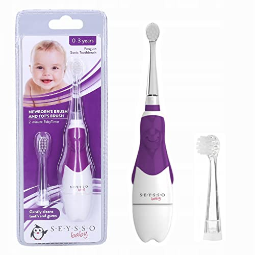SEYSSO Baby Penguin Safe Sonic Electric Toothbrush ★ For Children 0-3 Years Old ★ With LED Light ★ 16 000 Soft Sonic Movements ★ Battery Included & 2 Different Replacement Brush Heads