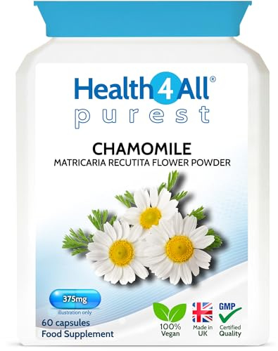 Health4All Chamomile 375mg, 60 Capsules 2 Months Supply, Purest Anxiety, Stress, Sleep and Digestive Health Supplement, Vegan Matricaria Recutita Flower Powder (not Extract) Capsules | Made in UK
