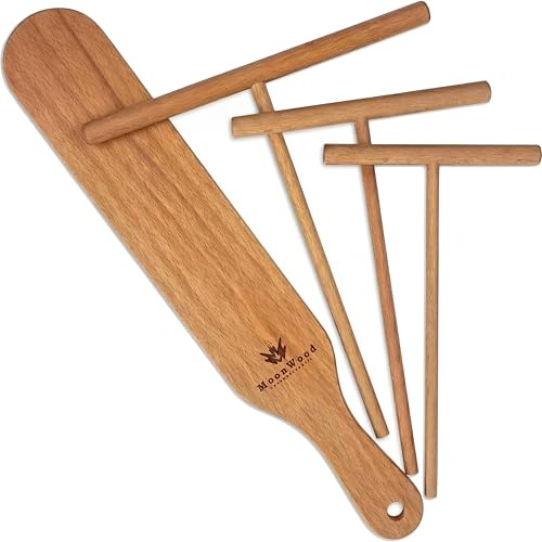 Crepe Spreader Set with Turner, 4-Piece Wooden Batter Tools (3.5, 5, 7, 12 Inch), T-Shaped Design for Pancakes and Griddle Cooking