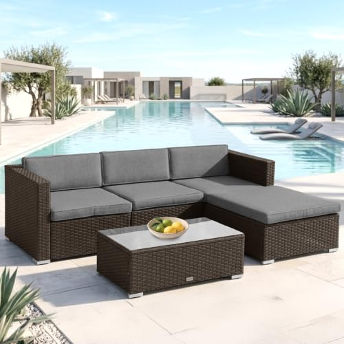 EVRE California Rattan Garden Furniture Set 5 Piece Seat 3 Sofa 1 Ottoman 1 Coffee Table Outdoor Wicker Weave Lounge Sofa and Glass Top Table with Cushions (Brown).
