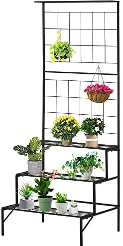 Outsunny Soporte para Plantas con Enrejado de Metal Estantería Trepadoras con 3 Estantes para Exteriores Jardín Balcón 60x53,5x159,5 cm Negro