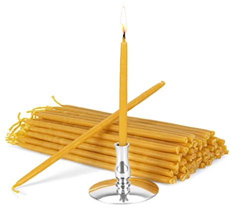 NKlaus - Set di 200g candele sottili gialle 100% cera d'api con portacandele fatto a mano 40071