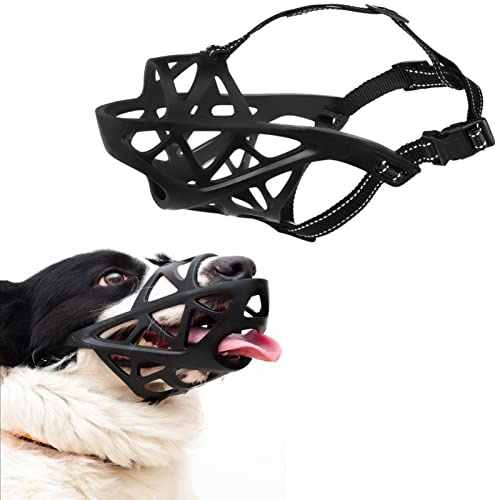 Dog Muzzle Soft Rubber Basket Breathable Muzzles Adjustable Straps for Small Medium Large Dogs Allows Drink Water and Panting Anti-Biting Prevent Chewing Barking Fighting Pet Mouth Cover (L, Black)