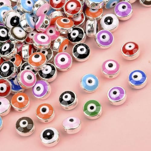 HERZWILD 100pcs Evil Eye Beads - Handmade Resin Evil Eye Charms for Earrings, Bracelets, Necklace - Jewelry Making (E-Silver)