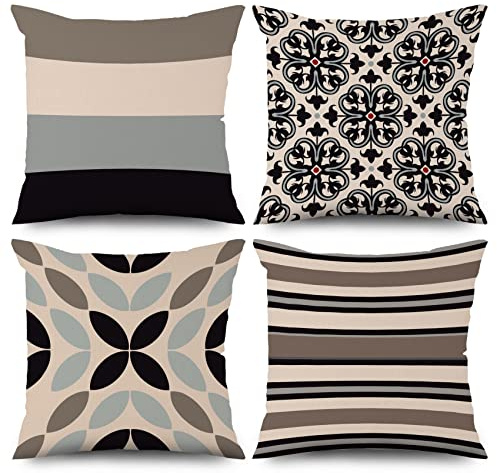 ASDCXZ Boho örngott 40 x 40 cm set om 4, moderna geometriska randiga beige grå svart soffa dekorativa kuddar örngott tvättbar polyester lin textil örngott