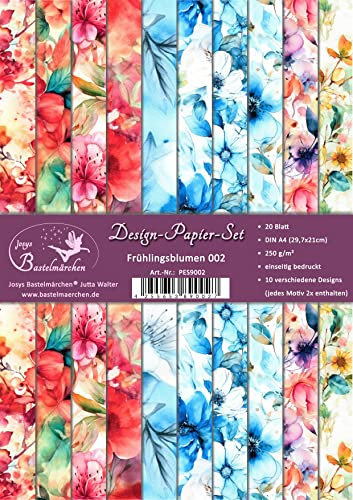 Josys Bastelmärchen Design-Papier-Set 20 Blatt A4 250g/m² Scrapbooking Frühlingsblumen 002, PES9002